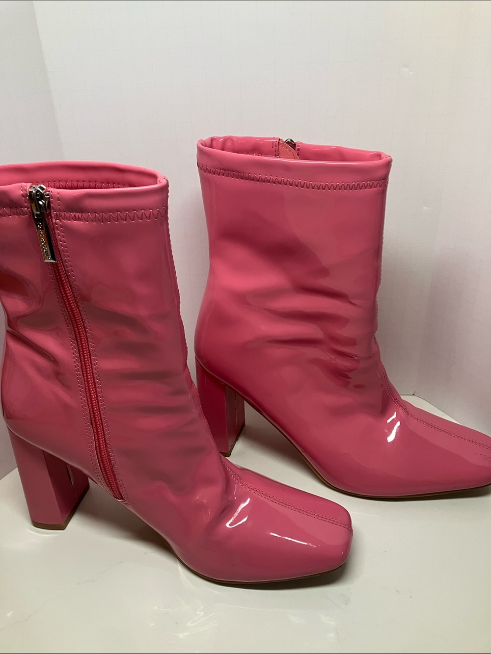 Pink Patent Mid-Calf Block Heel Boots